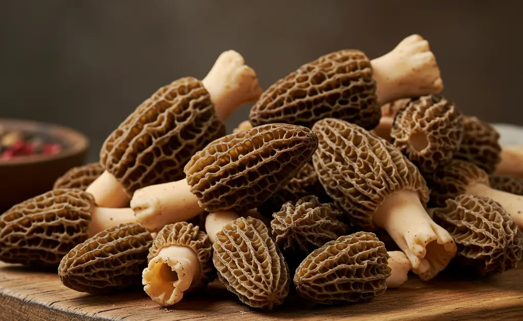 A close-up, overhead view of a neatly arranged selection of fresh morel mushrooms, showcasing their unique texture and color, representative of the morel mushroom costco offering.