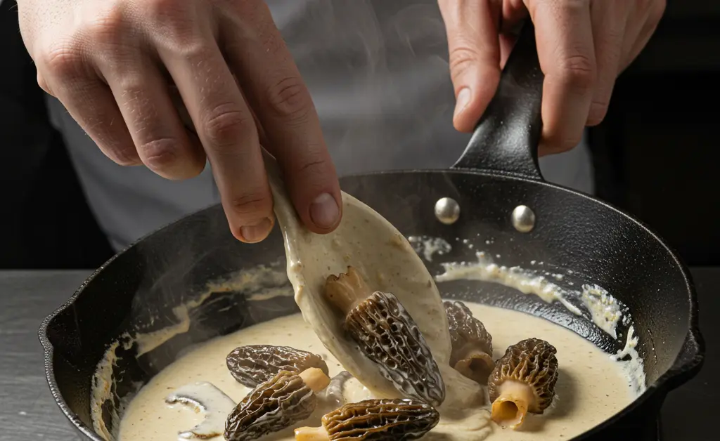 A chef artfully prepares a rich morel mushroom cream sauce in a professional kitchen setting.