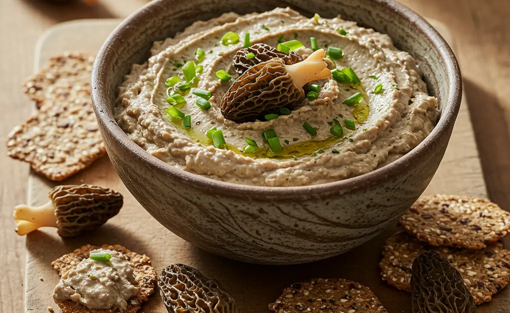 A beautifully presented bowl of creamy morel mushroom dip, garnished with fresh herbs, ready to be enjoyed.