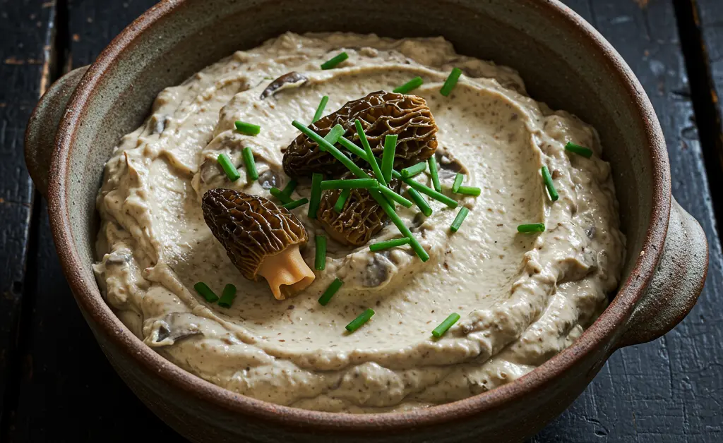 A rustic wooden bowl filled with a luscious morel mushroom dip, garnished with fresh herbs, is presented on a textured surface, highlighting its rich texture and appetizing appeal.