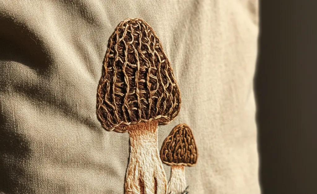 A close-up view of a canvas tote bag featuring detailed morel mushroom embroidery, showcasing natural threads and artistic stitching.