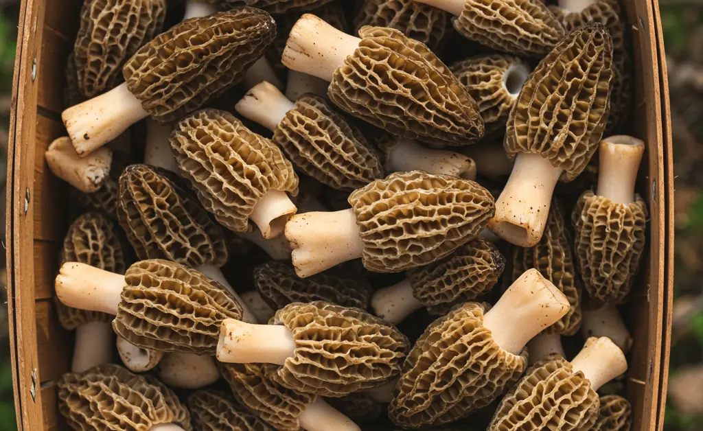 A close-up, overhead shot showcasing a basket brimming with freshly foraged morel mushrooms, illustrating why the morel mushroom expensive price tag is justified by their unique appearance and scarcity.