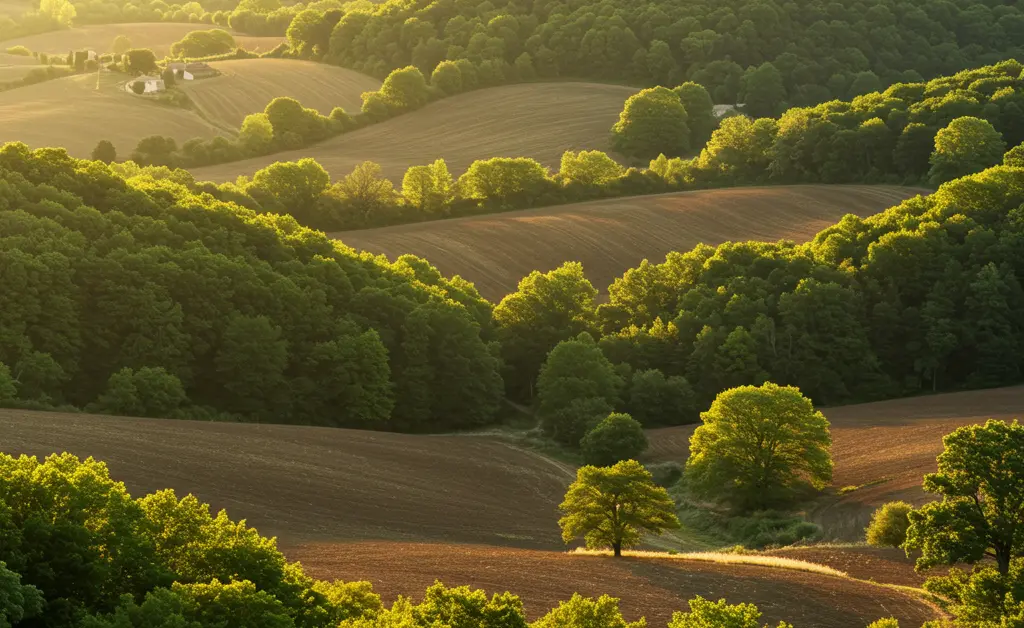 A stunning aerial view showcases lush French countryside dotted with forests, representing the source for morel mushroom exporters in france.