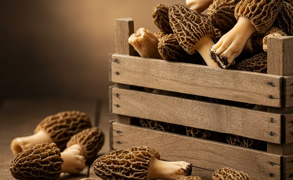 A vibrant display of fresh morel mushrooms, showcasing the high-quality produce offered by morel mushroom exporters in netherlands.