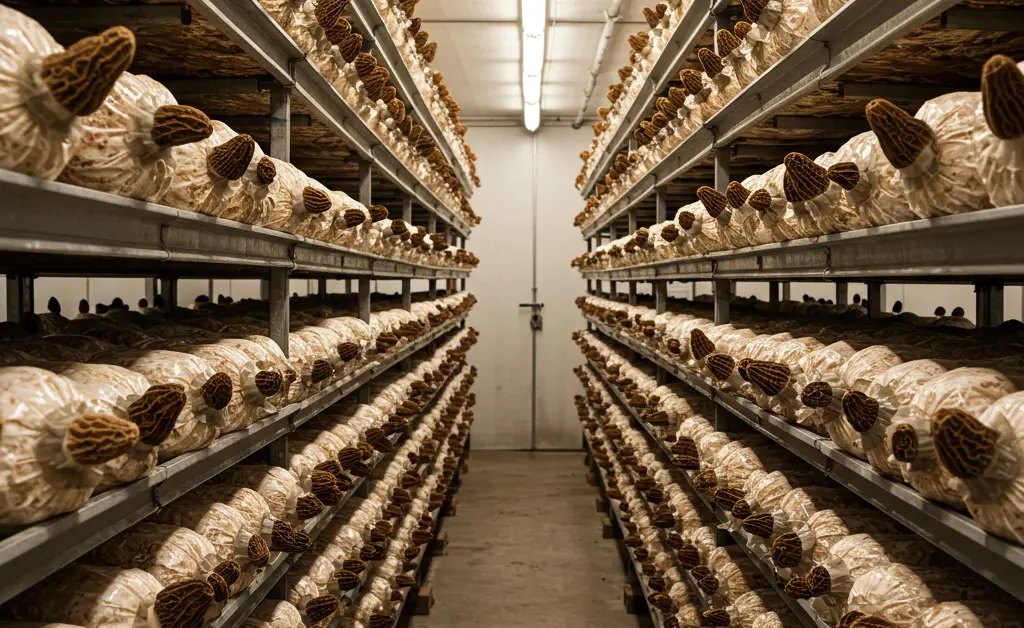 A vibrant, detailed shot capturing the essence of a flourishing morel mushroom farm, showcasing the intricate cultivation process.