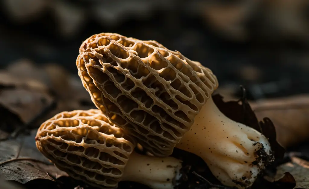 A close-up, sunlit view of a cluster of fresh morel mushroom specimens on a bed of damp forest floor.