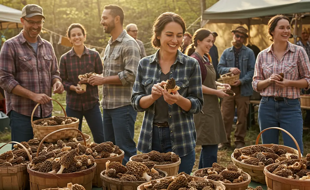 A vibrant scene at a morel mushroom festival, showcasing people admiring freshly found mushrooms.