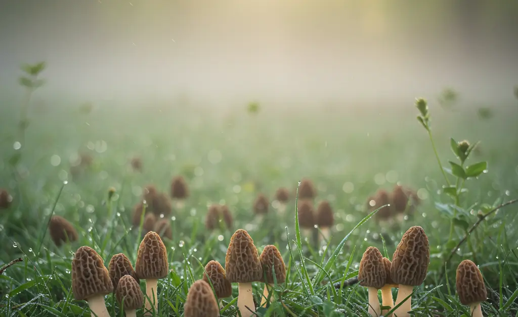 A detailed photograph capturing the serene beauty of the morel mushroom fields of mistria, bathed in soft, ethereal mist.