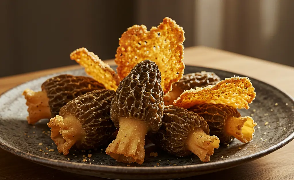 A close-up, editorial photograph showcases a serving of perfectly morel mushroom fried, golden brown and delicately crisp, presented on a rustic plate.