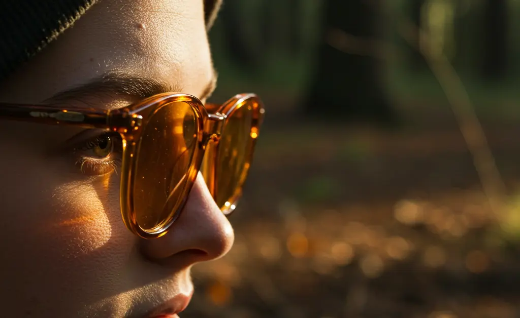 A close-up, side profile of a person wearing specialized morel mushroom glasses while looking intently at a forest floor covered in leaves and debris.