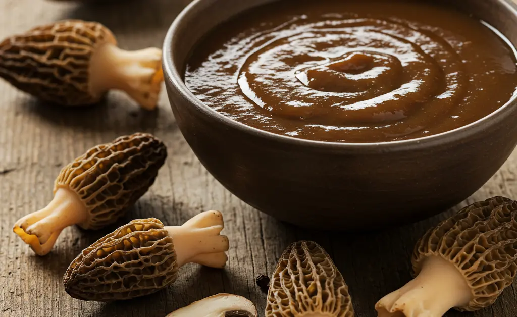 A close-up, overhead view of a rich, homemade morel mushroom gravy, showcasing its deep brown color and visible pieces of earthy morels.