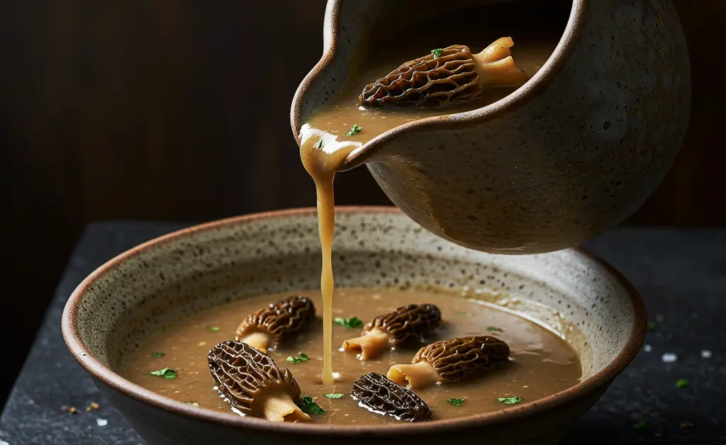 A close-up, overhead shot of a rich and velvety morel mushroom gravy in a rustic ceramic bowl.