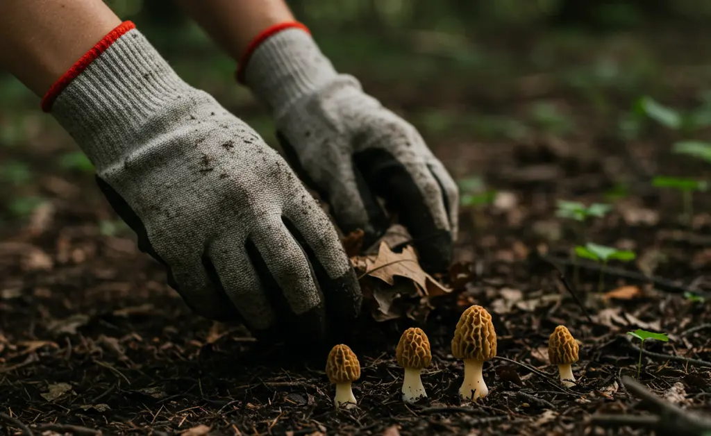A seasoned forager carefully inspects a damp forest floor, searching for the ideal morel mushroom ground temp.