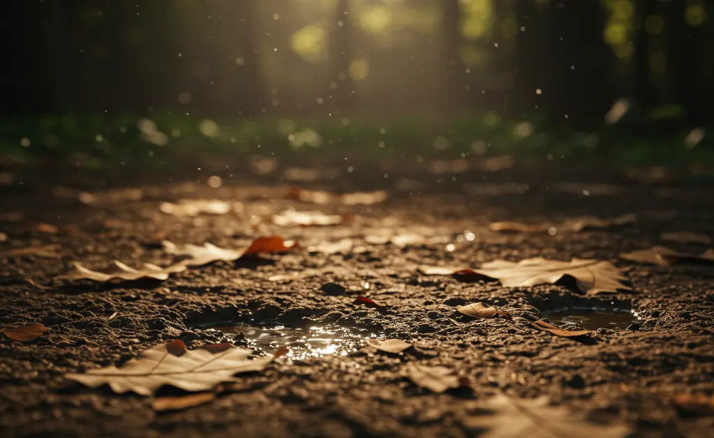 A close-up photograph showcases ideal morel mushroom growing conditions with rich, dark soil, scattered decaying leaves, and a slightly damp appearance.