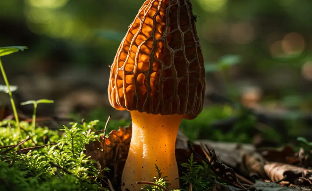 A serene forest floor scene showcasing the elusive morel mushroom, highlighting the ideal conditions of a morel mushroom growing zone.