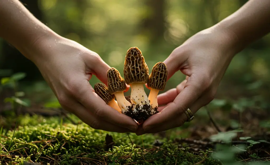 An expert forager examines a cluster of morel mushrooms, illustrating the concept of morel mushroom growth rate in a forest setting.
