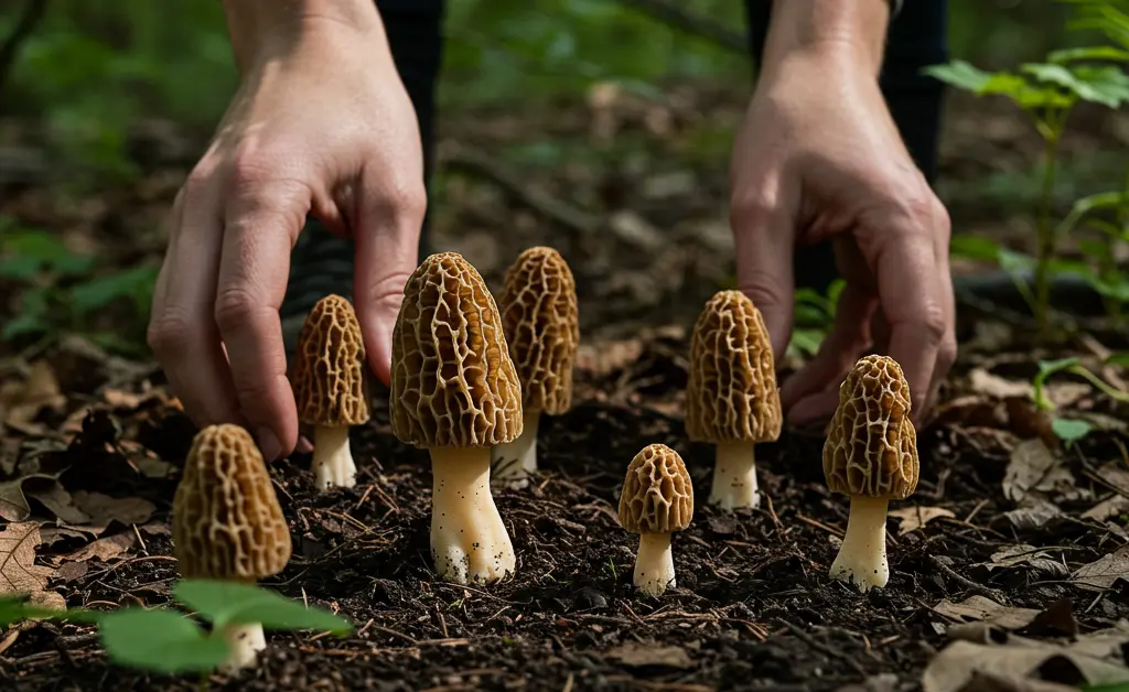 A skilled forager examines a vibrant, earthy Morel Mushroom Habitat in a sun-dappled forest floor.