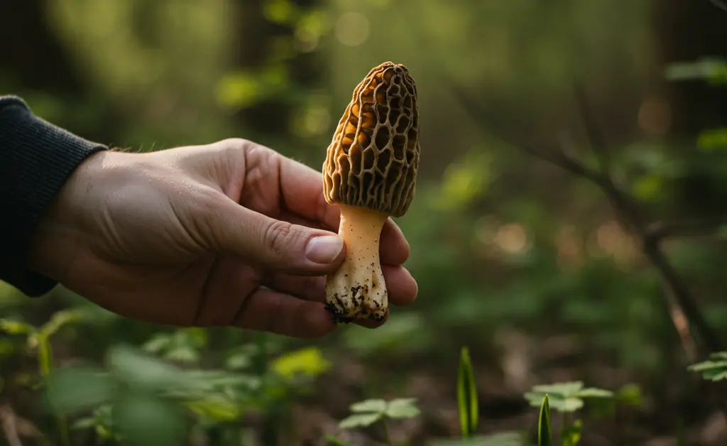 A smiling individual experiences the joy of morel mushroom hunting for beginners, discovering a prized morel amongst forest floor debris.