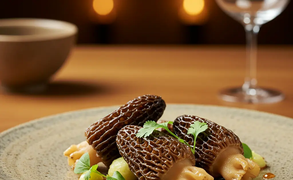 A beautifully plated dish featuring the distinctive morel mushroom in chinese culinary style, garnished with fresh herbs.
