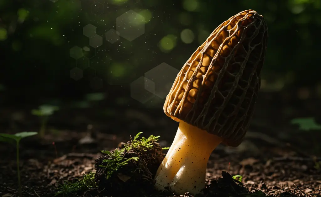 A photorealistic depiction of a Morel Mushroom in Games and Fiction, nestled amongst mossy forest floor elements that subtly hint at game-like textures.
