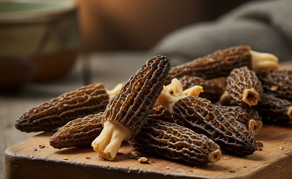 A close-up shot showcases the textured appeal of delicious morel mushroom jerky, highlighting its savory qualities.