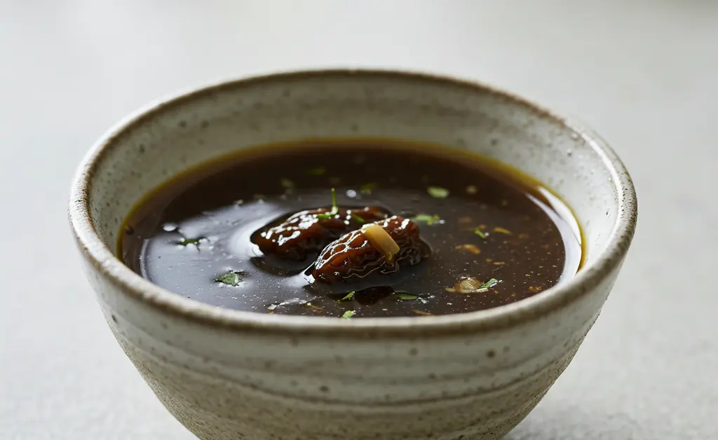 A close-up shot of a rich, dark brown morel mushroom jus in a small, elegant serving bowl, with fresh parsley garnish.