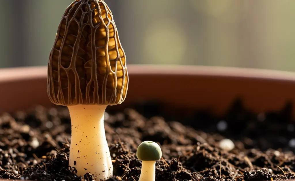 A close-up, photorealistic image shows a dedicated gardener carefully inspecting a small, nascent morel mushroom emerging from dark, rich soil in a planter box, illustrating how morel mushroom kaise ugaye.