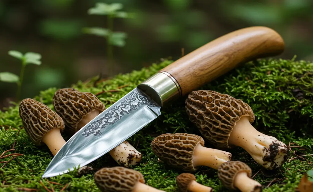 A close-up view of a specialized morel mushroom knife resting next to freshly picked morel mushrooms on a mossy forest floor, highlighting its ergonomic design for harvesting.
