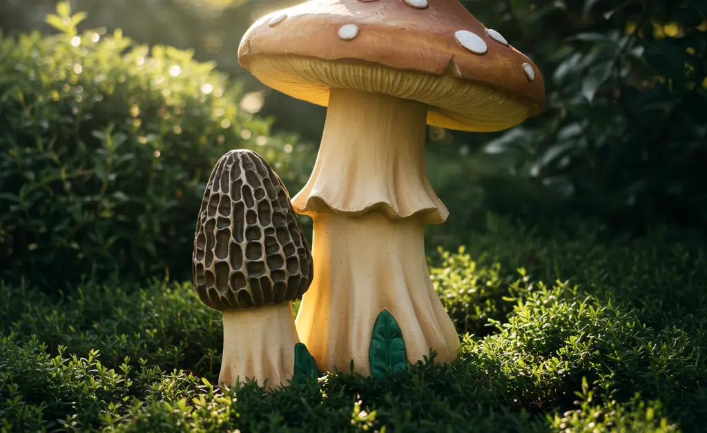 A whimsical morel mushroom lawn ornament sits nestled amongst vibrant green grass and delicate wildflowers.