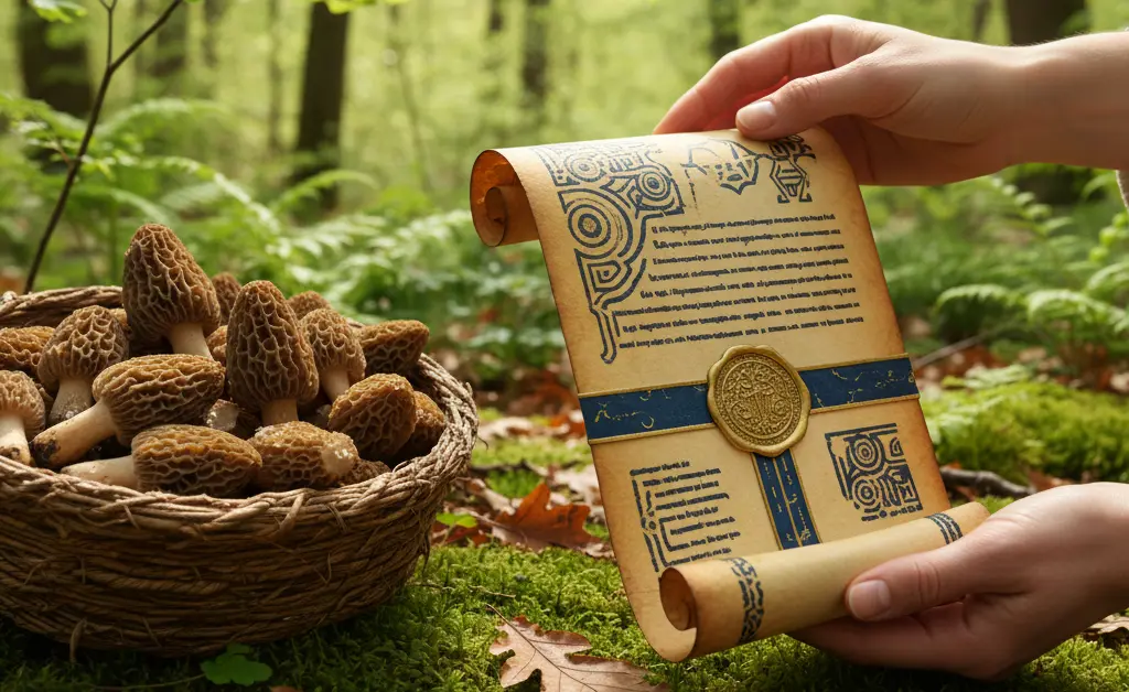 A person carefully examines a detailed legal document discussing Morel Mushroom Laws and Licenses 2026, while sitting beside a basket of freshly harvested morels in a sun-dappled forest.