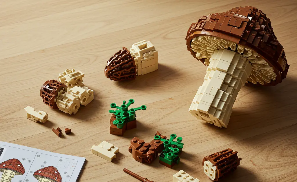 A close-up, photorealistic view of a morel mushroom lego set ready for assembly.