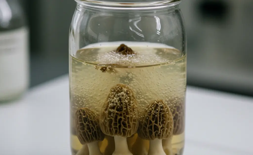 A skilled mycologist carefully examines a jar of vibrant morel mushroom liquid culture in a sterile laboratory setting.