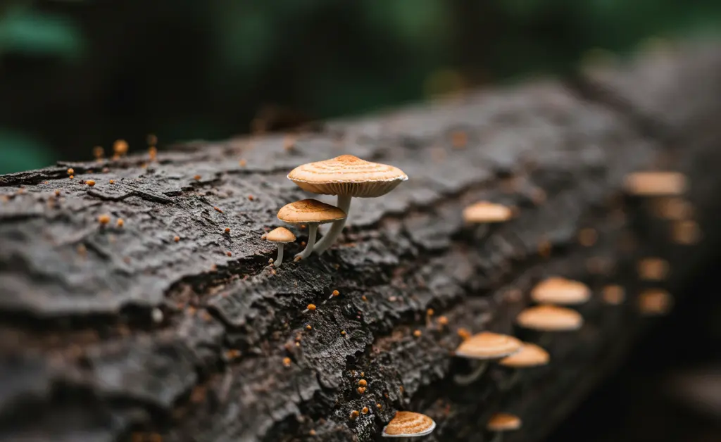 A close-up, realistic photograph showcases a healthy morel mushroom log ready for cultivation, hinting at a future harvest of gourmet fungi.