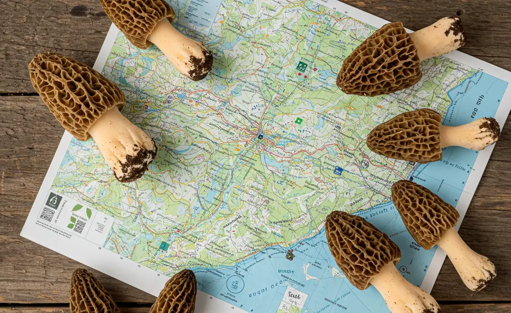 A detailed and visually appealing morel mushroom map 2026 showing potential foraging locations.