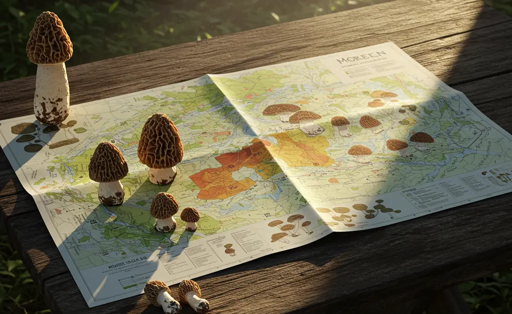 A detailed and visually appealing representation of a morel mushroom map 2026, showcasing potential foraging areas with naturalistic textures.
