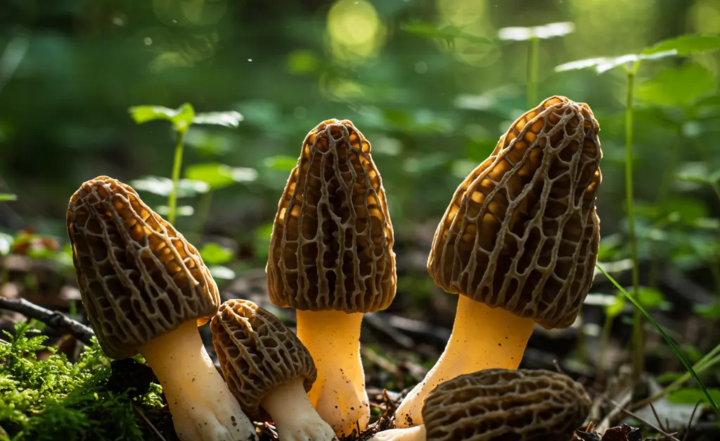 A person carefully inspecting a cluster of morel mushrooms on the forest floor, a classic scene for finding morel mushroom oklahoma.