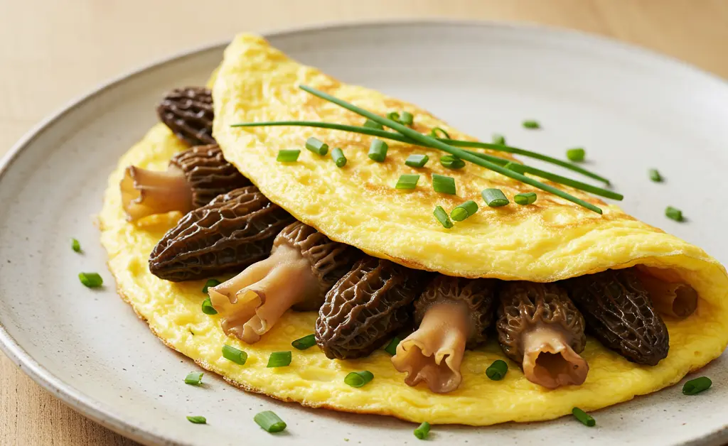 A perfectly cooked morel mushroom omelette presented elegantly on a rustic ceramic plate.