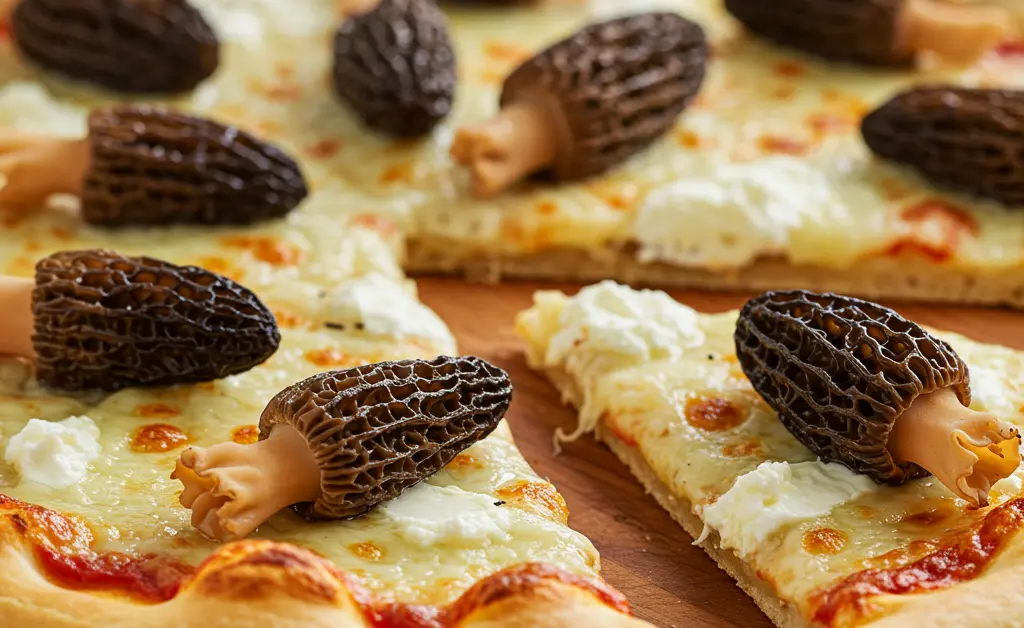 A rustic, artisanal creation featuring a delectable morel mushroom on pizza, showcasing its earthy elegance.