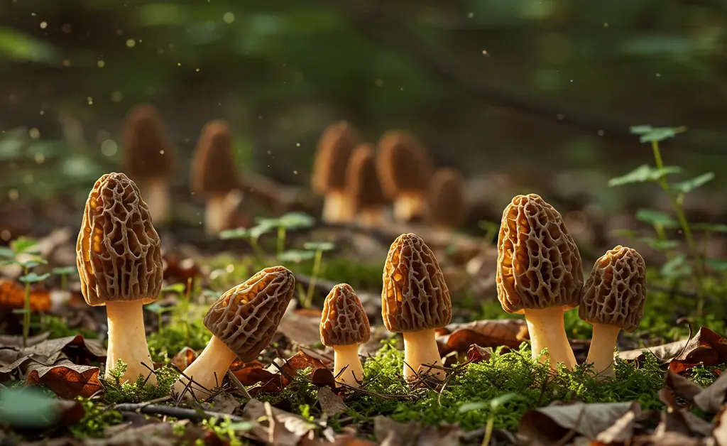 A forest floor scene illustrating the morel mushroom origin, with dappled sunlight illuminating delicate fungi.