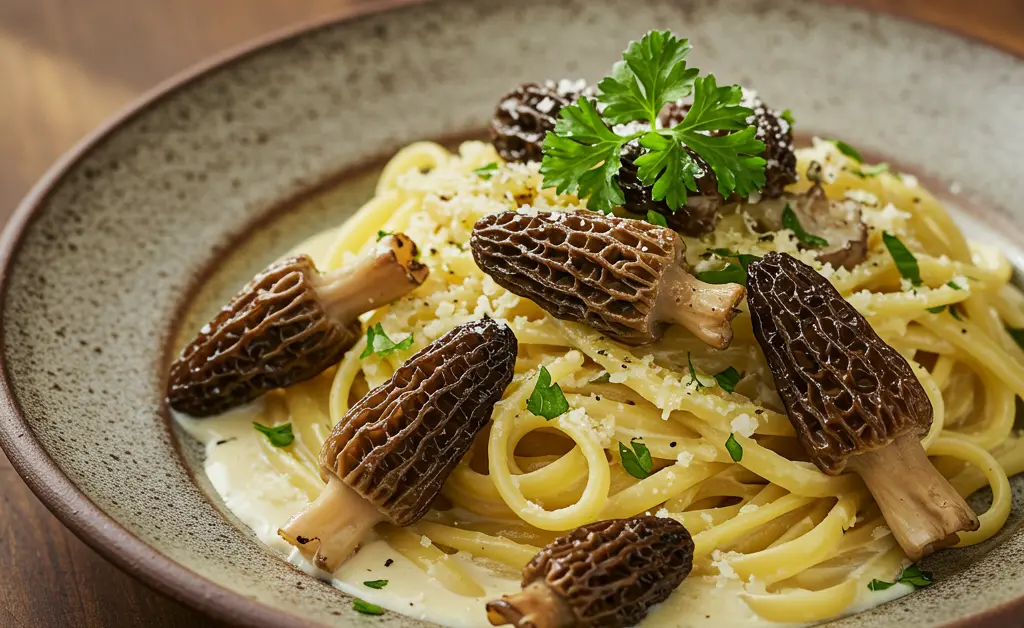 A beautifully plated dish of morel mushroom pasta, showcasing the delicate wild fungi in a creamy sauce.