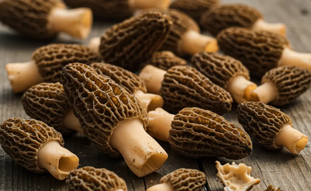 A visually appealing arrangement showcasing the delicate texture and earthy tones of freshly foraged morel mushrooms, hinting at the morel mushroom price in pakistan.
