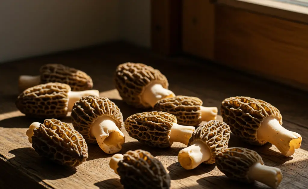 A close-up, high-angle view of freshly harvested morel mushrooms, showcasing their unique texture and color, providing insight into the morel mushroom price per kg.