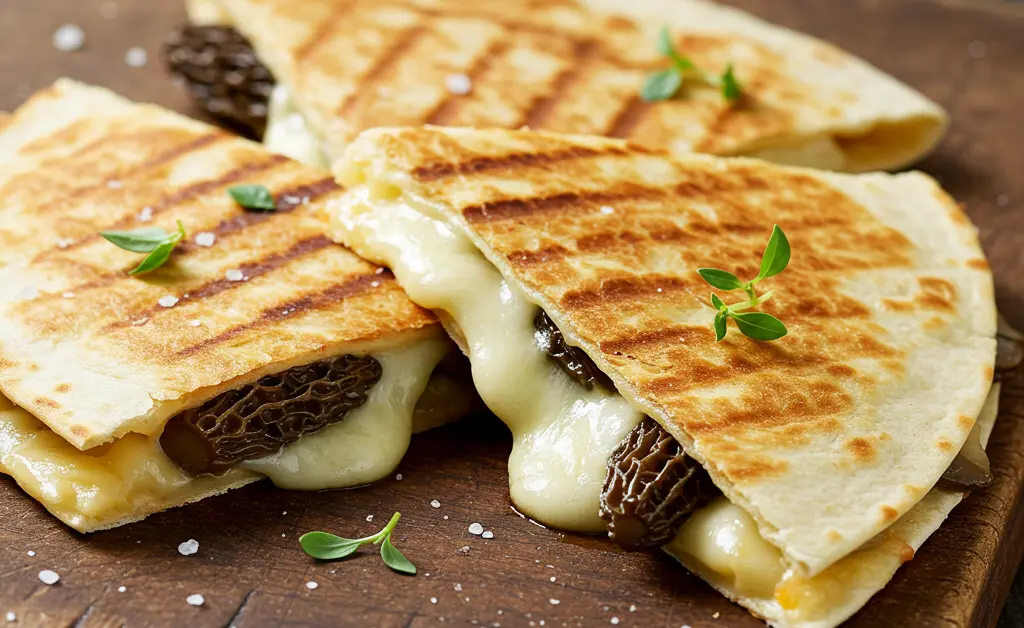A close-up, appetizing shot of a golden-brown morel mushroom quesadilla, perfectly grilled and cut into wedges, showcasing melted cheese and visible mushroom pieces.