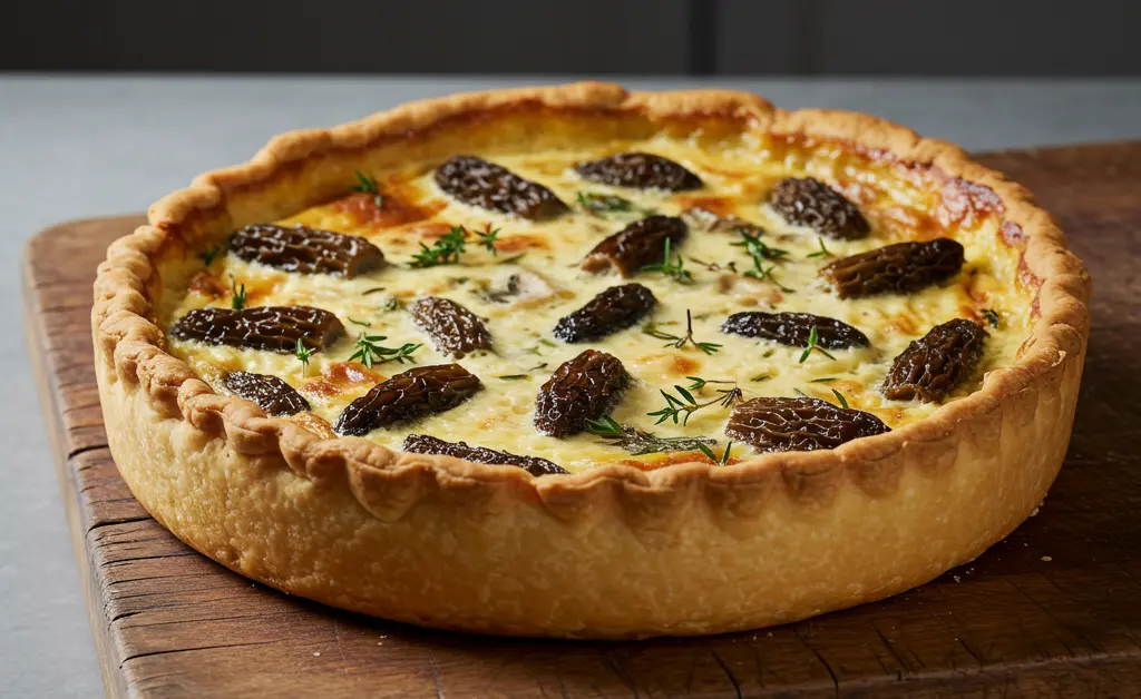 A rustic wooden board displays a beautifully golden-brown morel mushroom quiche, showcasing its flaky pastry and visible mushroom pieces.