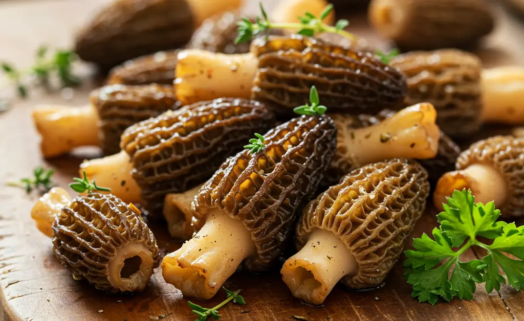 A close-up, overhead view of freshly sautéed morel mushrooms, showcasing their intricate texture and earthy brown tones, perfect for inspiration for Morel Mushroom Recipes.