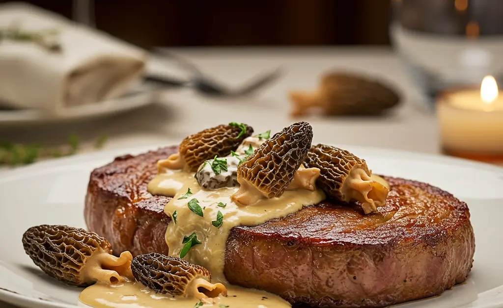 A gourmet seared ribeye steak is artfully plated alongside a rich, creamy sauce featuring earthy morel mushroom recipes for steak.