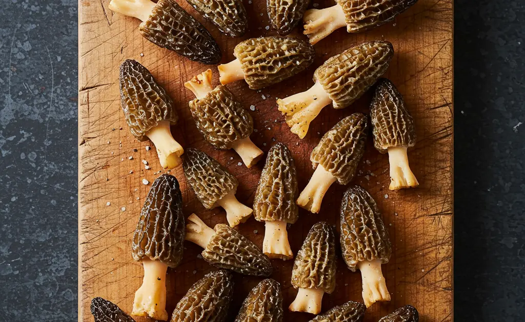A close-up, overhead shot showcasing perfectly golden and crispy morel mushroom recipes fried to a delightful texture, arranged artistically on a rustic wooden board.