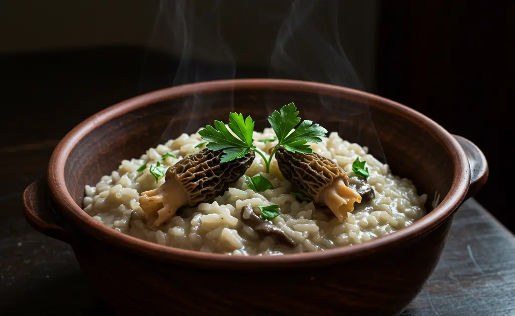 A comforting bowl of morel mushroom risotto, showcasing creamy Arborio rice and earthy mushrooms.