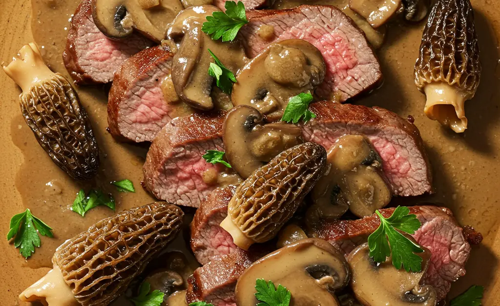 A close-up, overhead view of a gourmet dish featuring a rich morel mushroom sauce poured over perfectly cooked pan-seared steak.