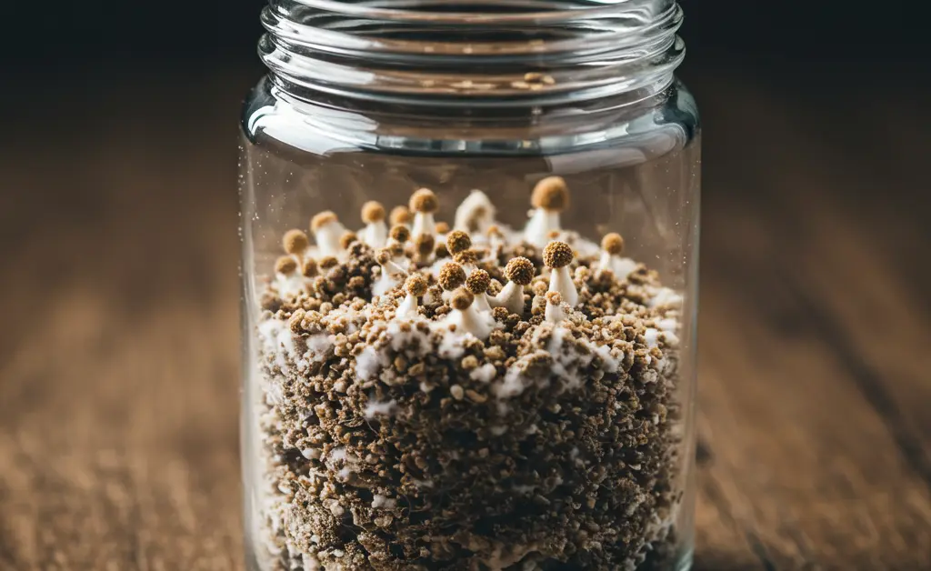 A macro shot captures the earthy texture and mycelial threads associated with morel mushroom seeds, presented in a small, clear container.